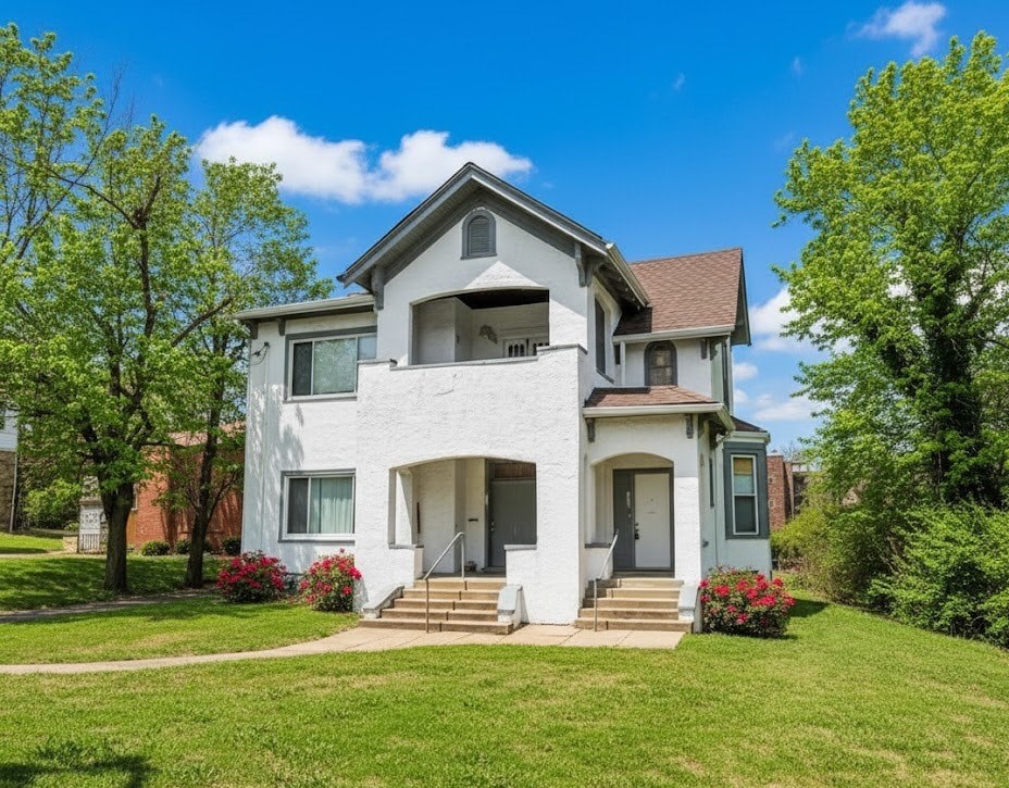 A white two-story house with a front porch and a green door.