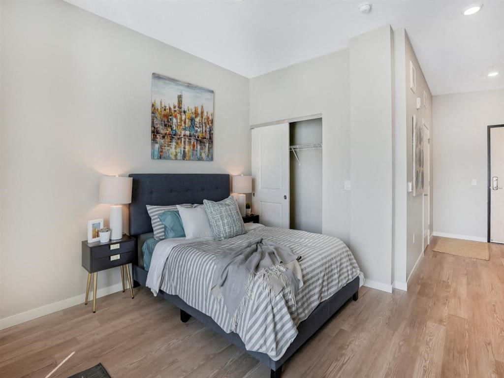 a bedroom with a bed and a closet