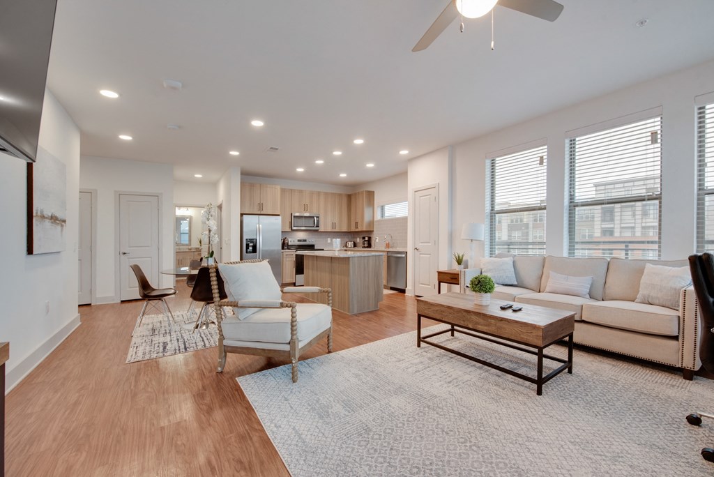 a living room with a couch and a table