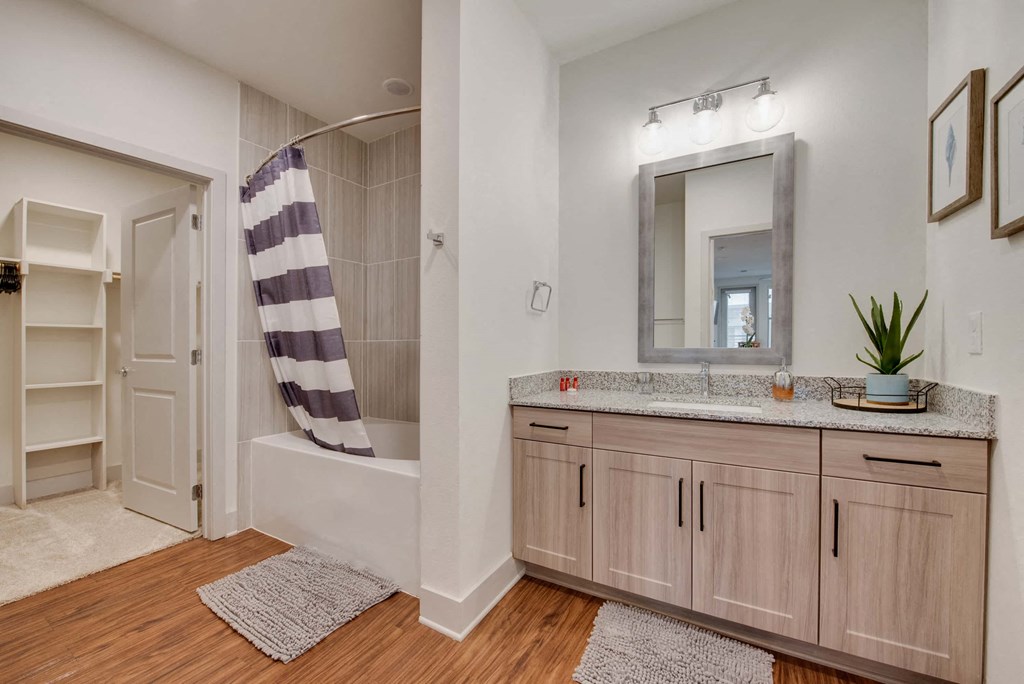 a bathroom with a sink and a shower and a mirror
