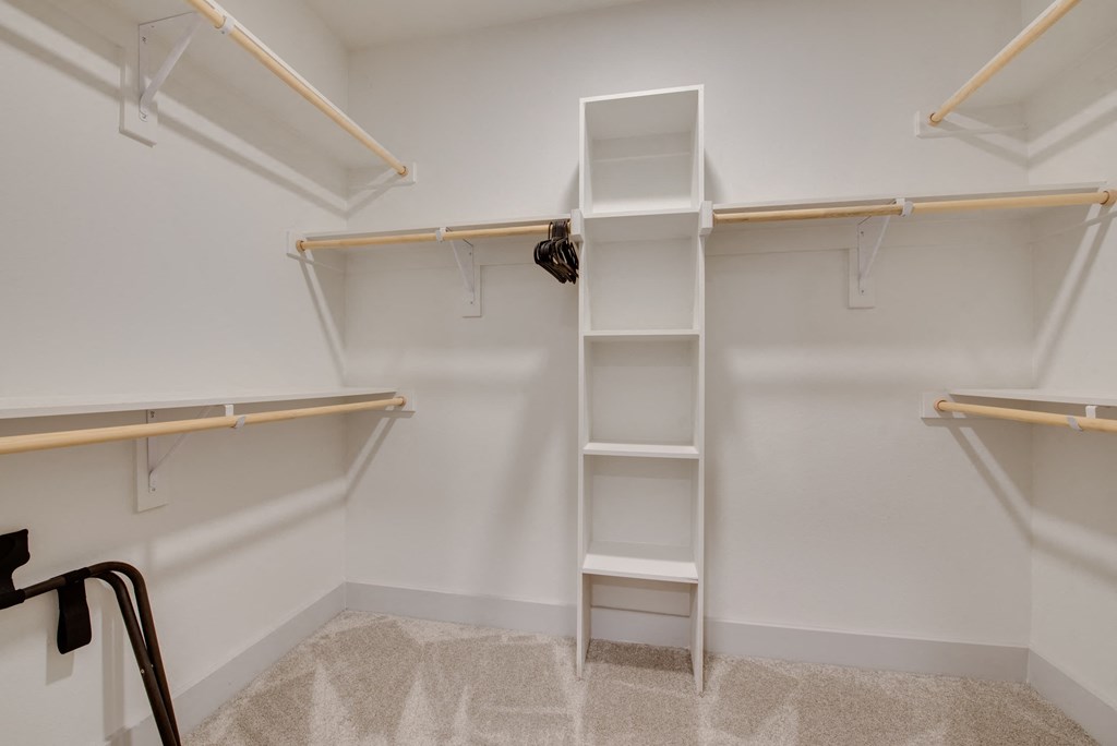 a walk in closet with empty shelves and a ladder