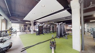 a gym with weights and exercise equipment on a green carpet