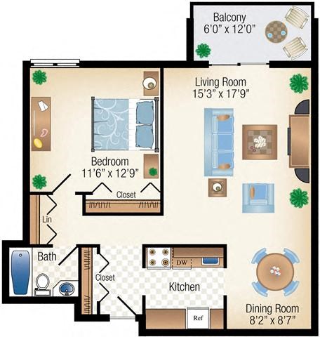 1 Bed 1 Bath High-rise floor plan 625 sq.ft.
