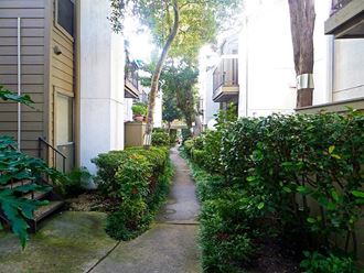 a narrow sidewalk in the middle of an apartment building