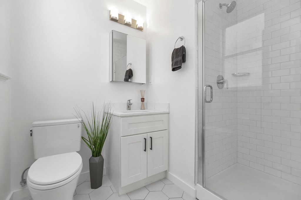 a white bathroom with a toilet and a shower