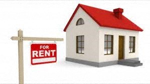 a white house with a red roof and a for rent sign