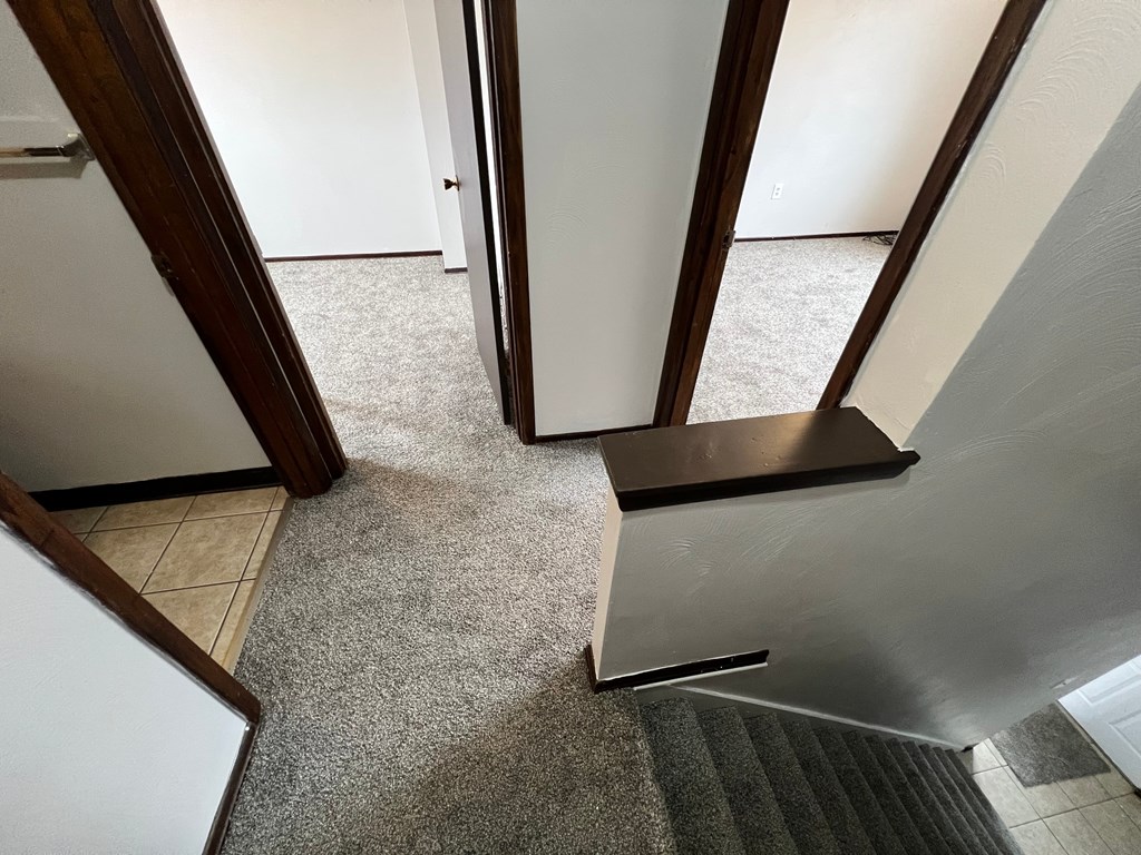 A metal staircase with a carpeted floor.