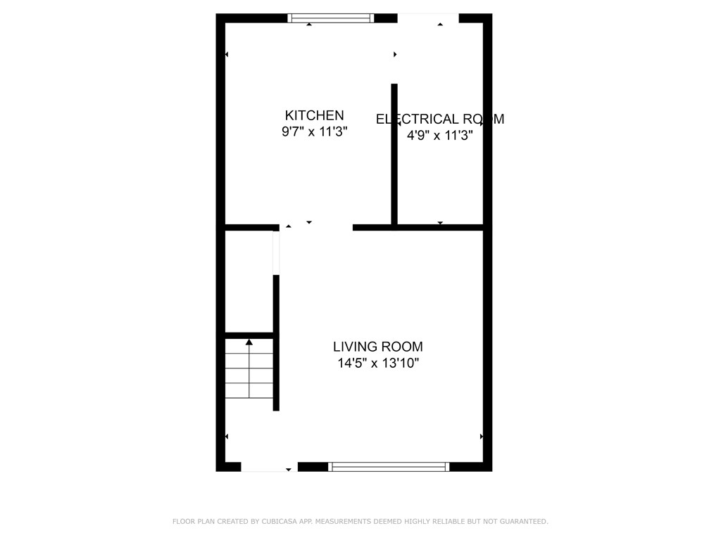 A floor plan for a home with a kitchen, living room, and electrical room.