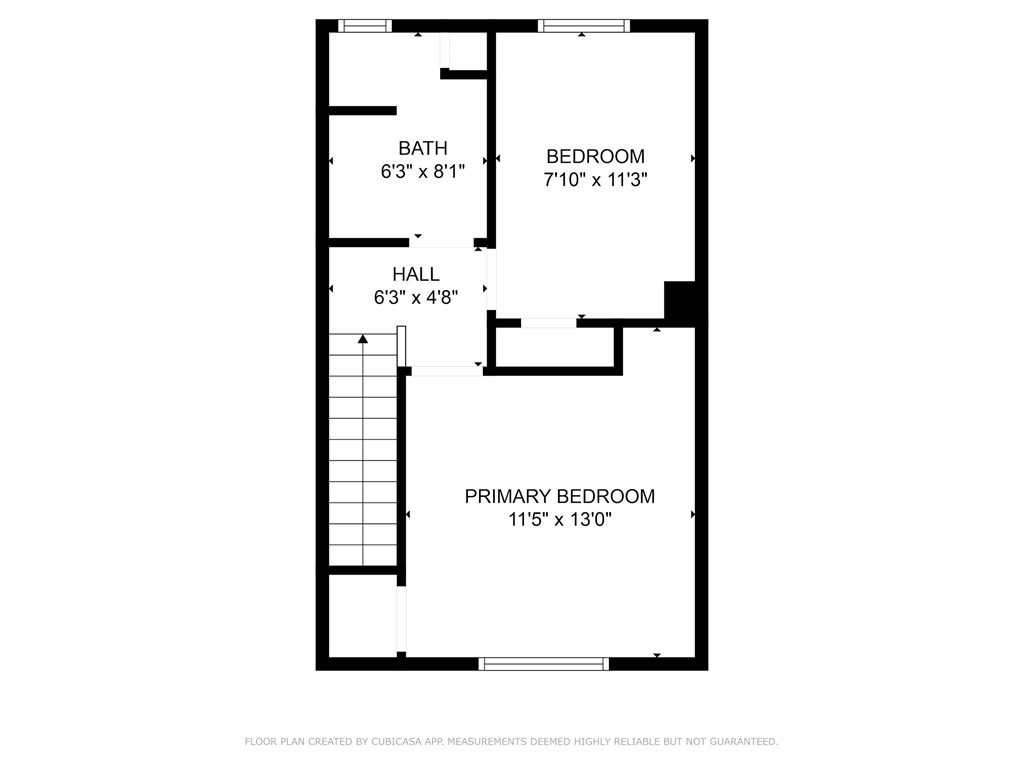A floor plan of a room with a primary bedroom, a hallway, and a bathroom.