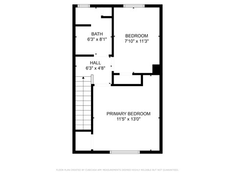 A floor plan of a room with a primary bedroom, a hallway, and a bathroom.