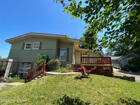 a green house with a porch and a tree