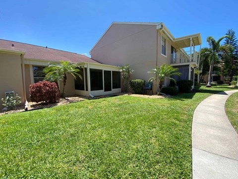the front yard of a house with a lawn and palm trees