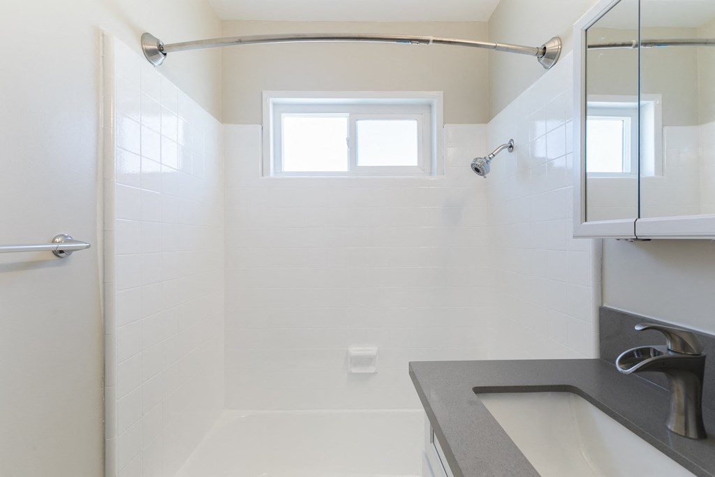a small bathroom with a sink and a shower