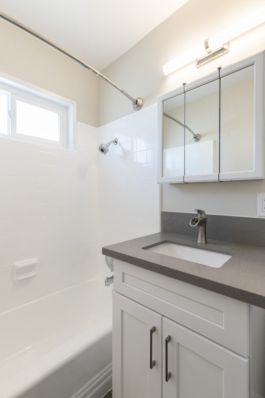 a bathroom with a sink and a shower and a mirror
