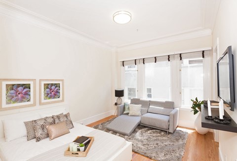 A living room with a white couch and a grey sofa.
