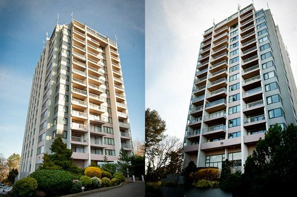Two tall buildings with balconies and windows are shown in the image.