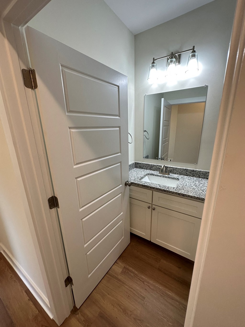 a bathroom with a sink and a large white door