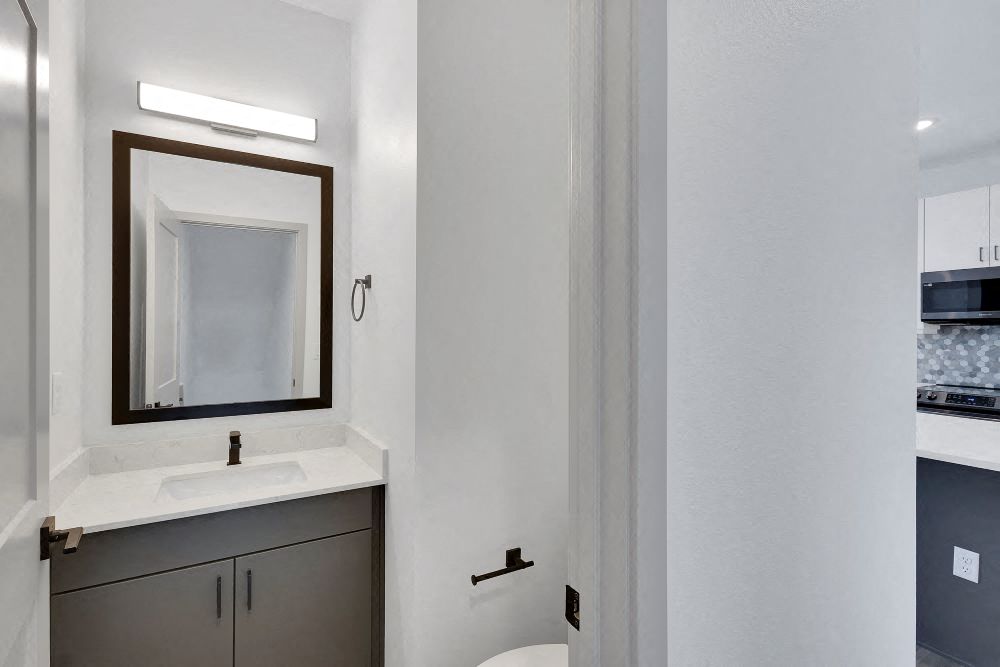 a bathroom with a sink and a mirror