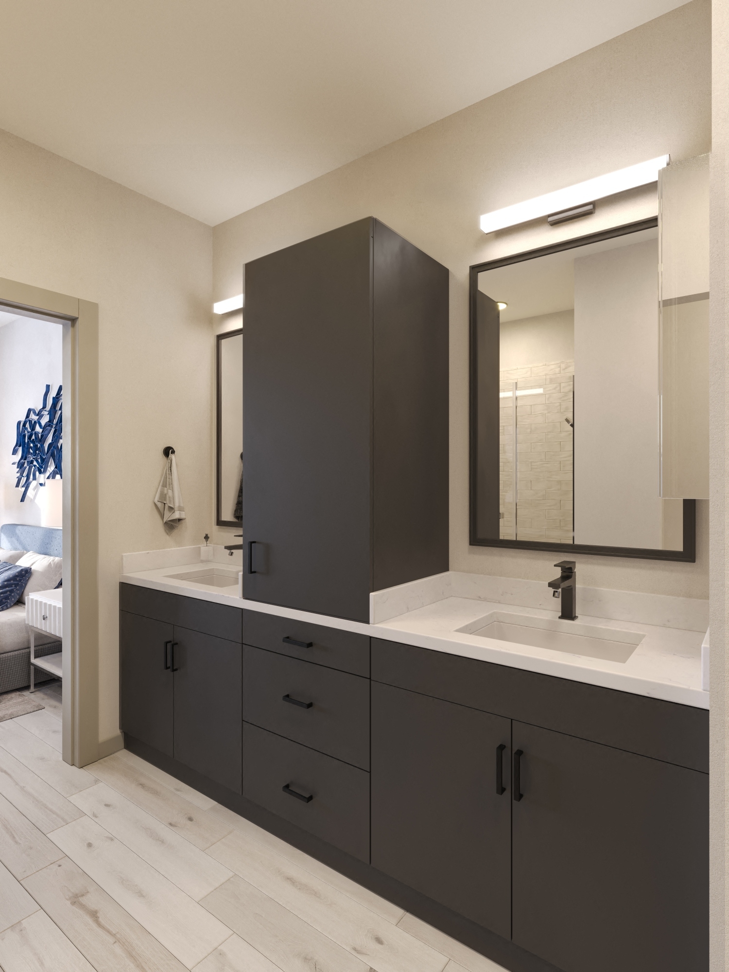 Master bathroom with black cabinets, granite counter tops, matte black finishes, two large sinks and luxury overhead lighting