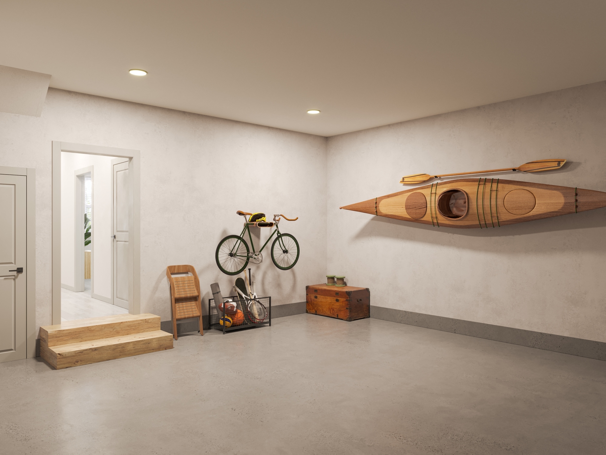Spacious two-car garage with recessed lighting and entry into townhome