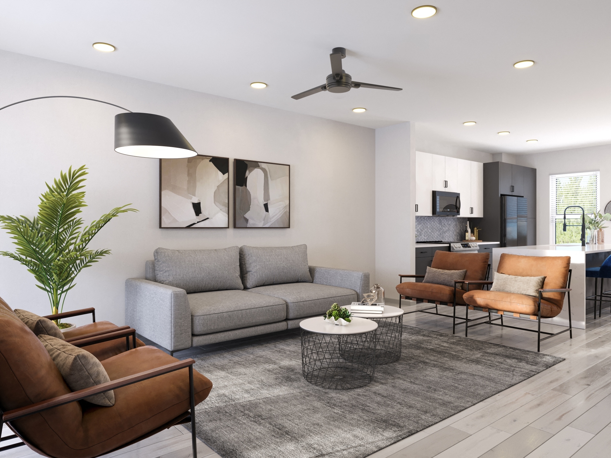 Spacious living room with modern furniture and open kitchen access