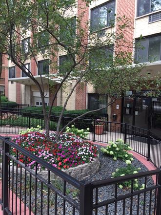 a courtyard with a tree and flowers in front of an apartment building