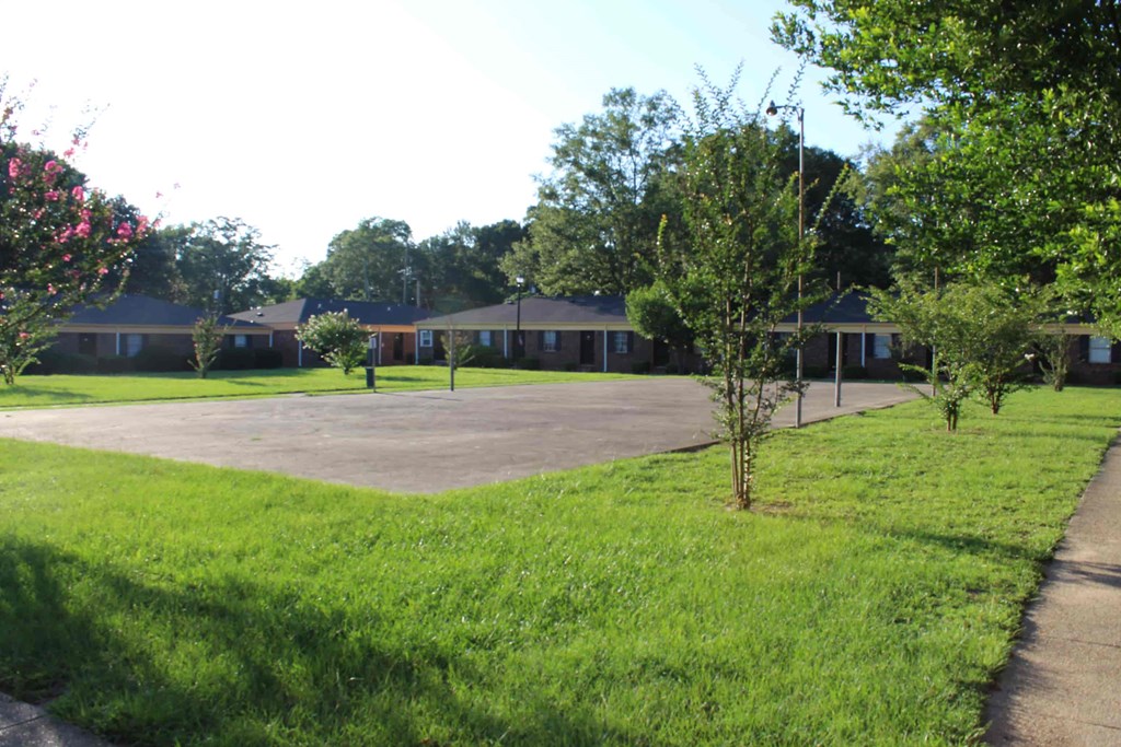 a yard with a parking lot and houses in the background
