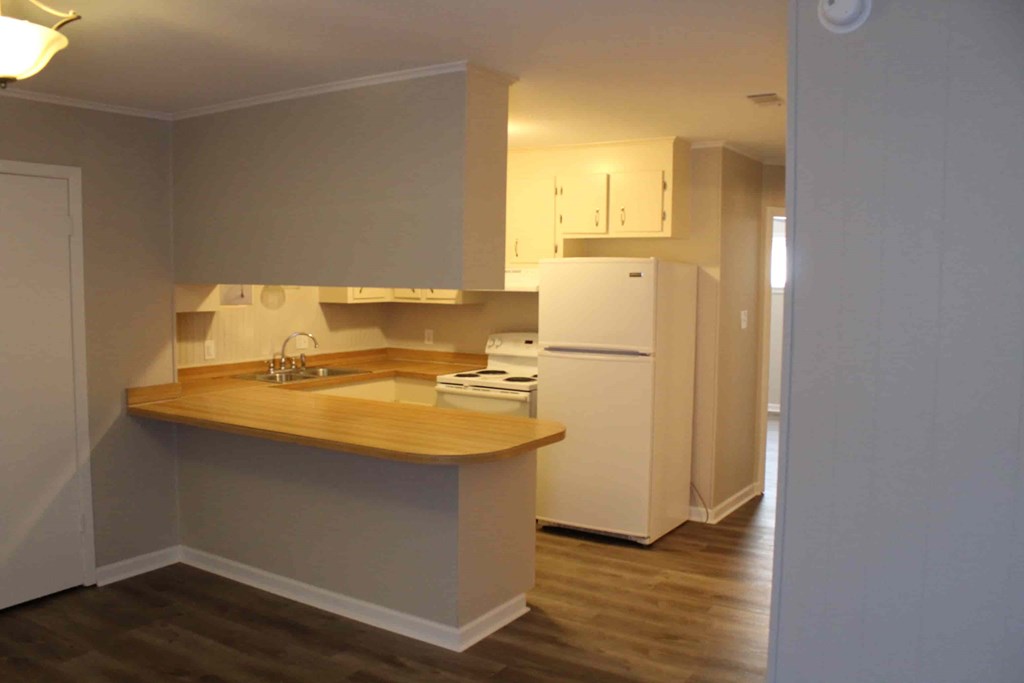an empty kitchen with a sink and a refrigerator