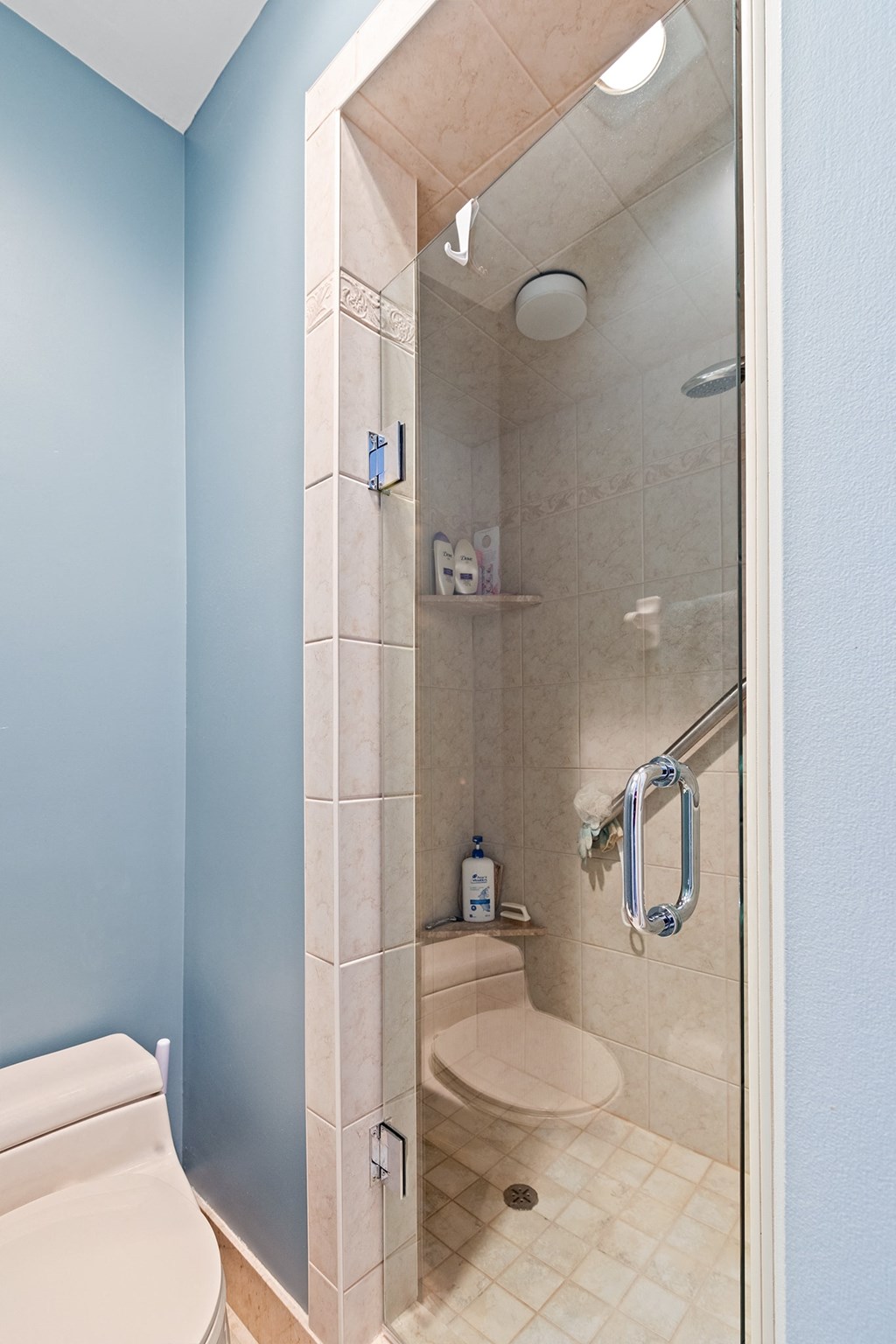 a bathroom with a shower and a toilet