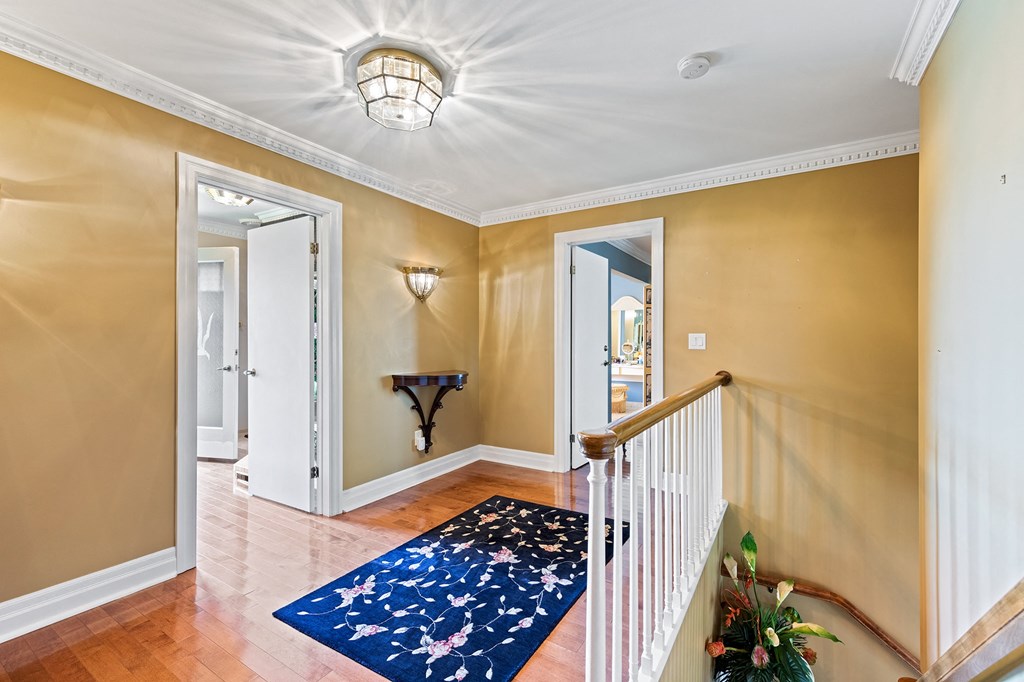 a foyer with a staircase and a blue rug on the floor