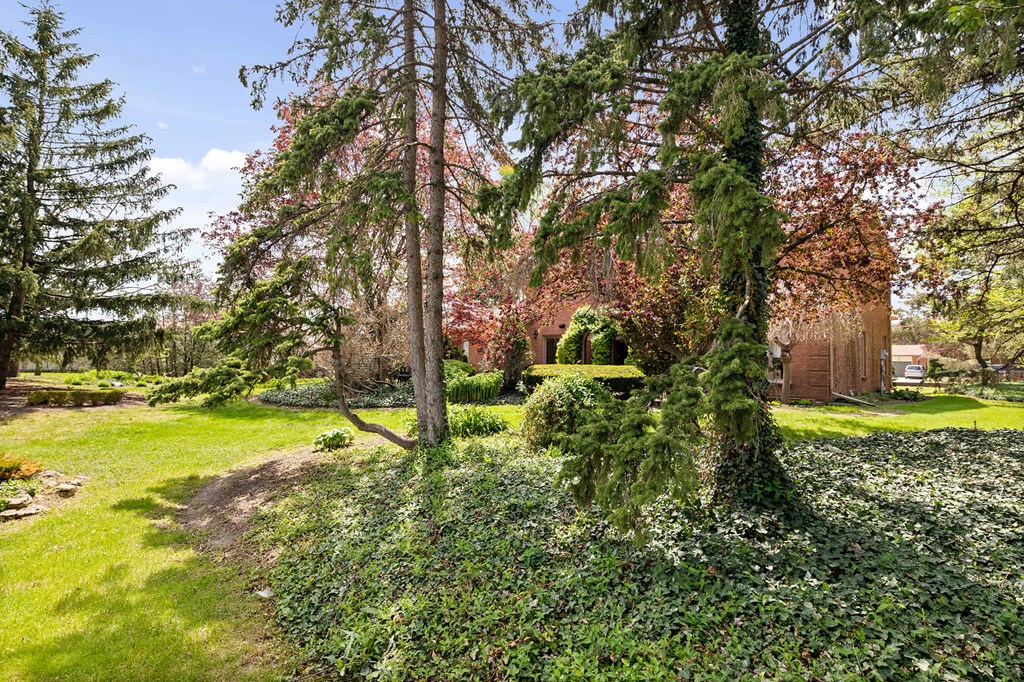 a backyard with trees and a red building