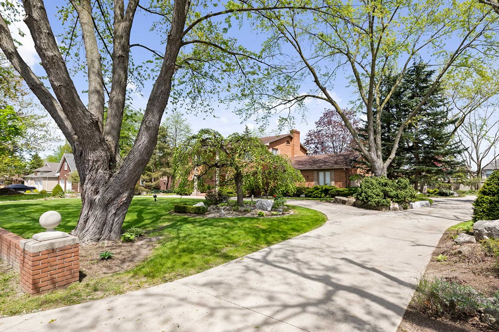 a sidewalk in front of a house with trees and grass