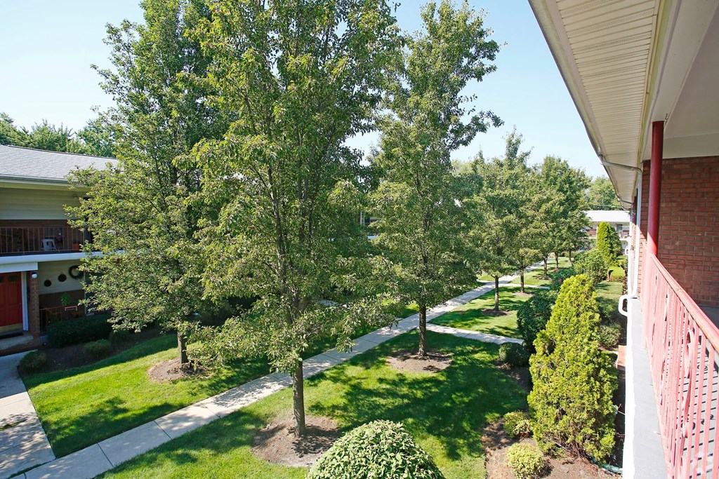 a view of the yard and trees from the balcony of a house
