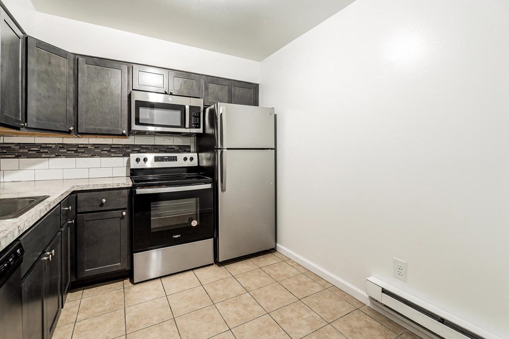 a kitchen with stainless steel appliances and black cabinets