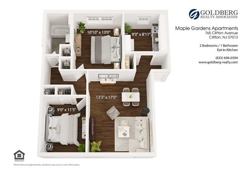 A floor plan for a two bedroom apartment with a living room, kitchen, and bathroom.