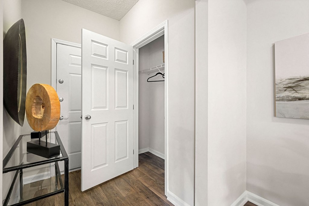 a bedroom with a closet and a door to a closet