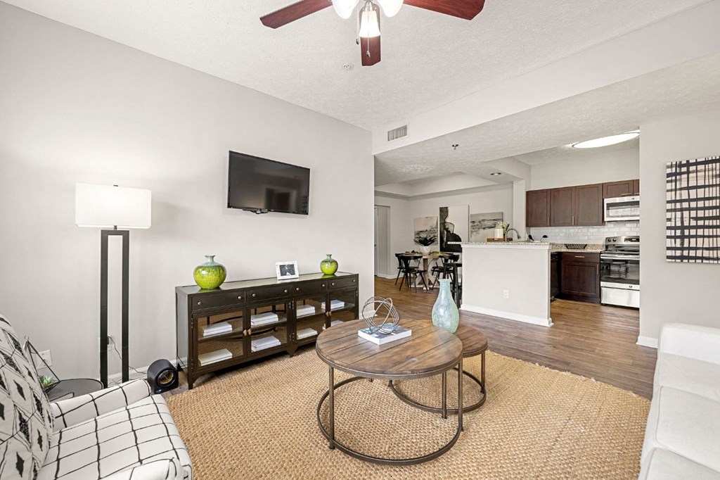a living room with a couch and a table