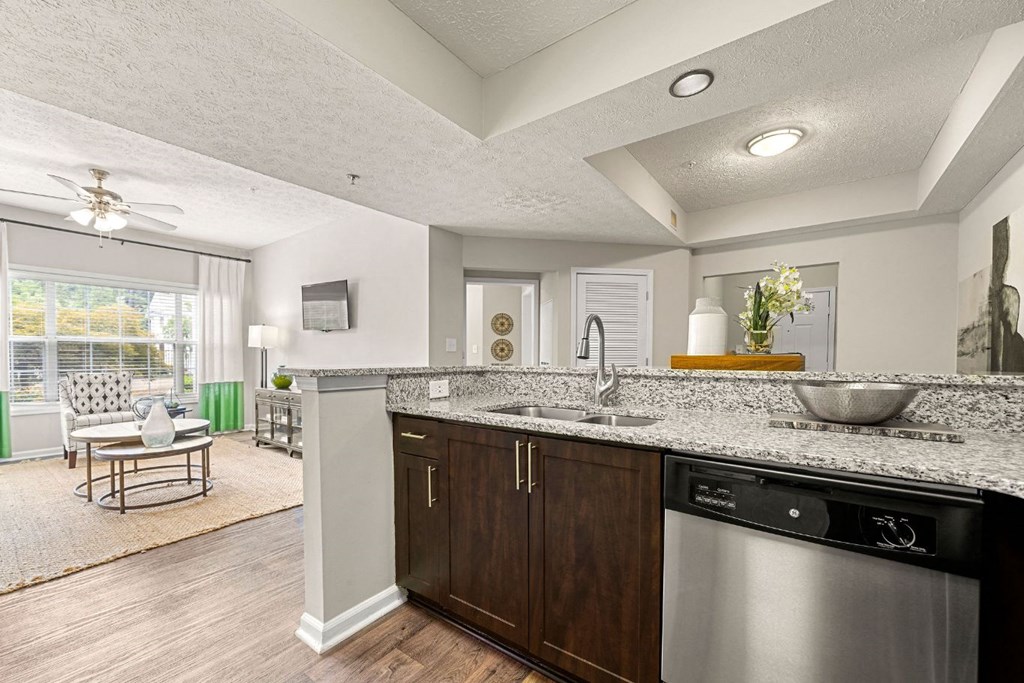 a kitchen with a counter top and a dishwasher