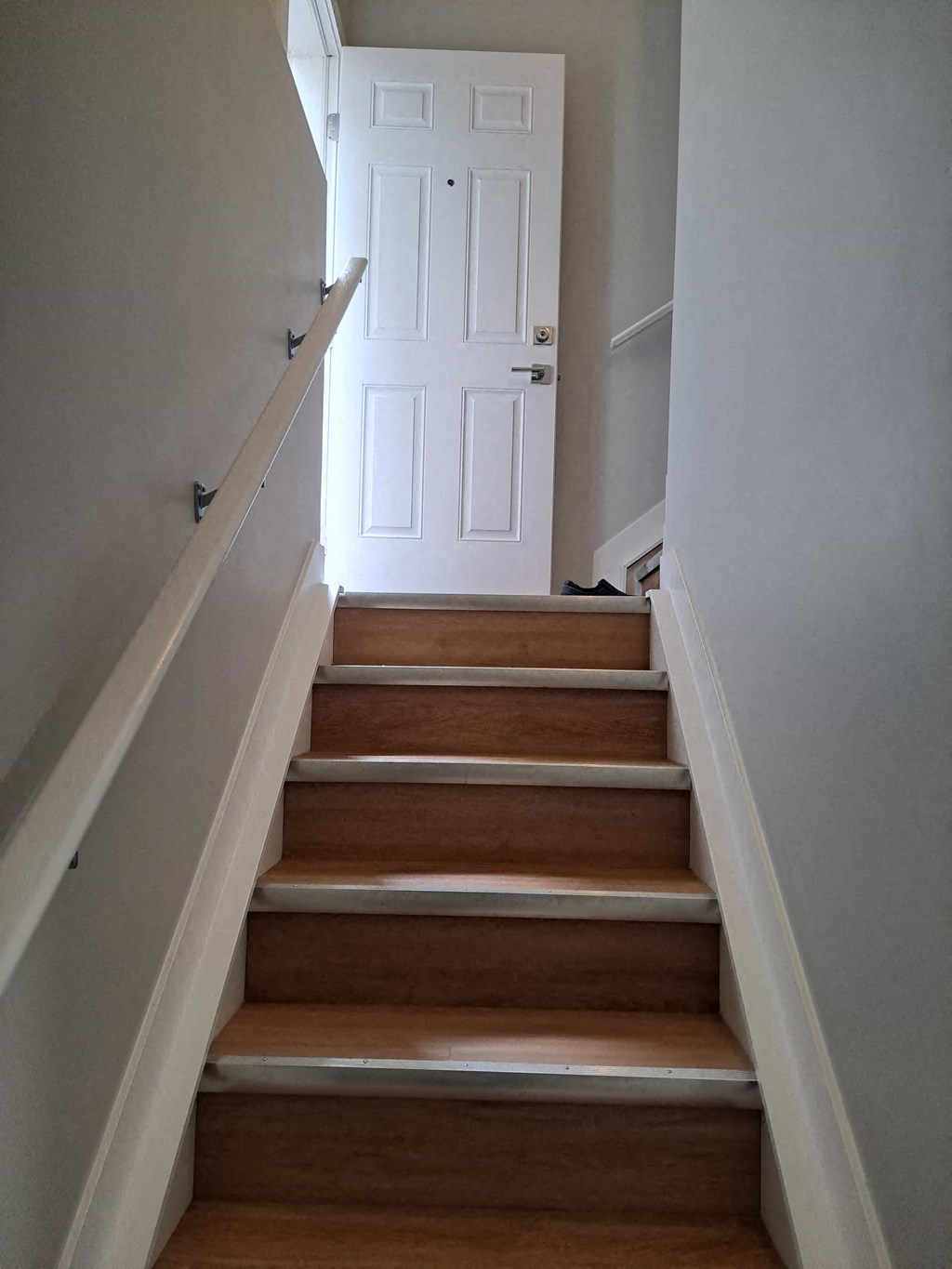 stairs leading up to a white door in a house