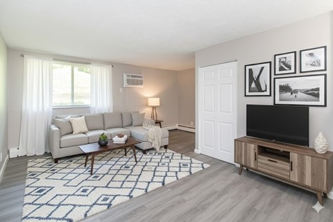 A living room with a couch, a coffee table, a television, and pictures on the wall.