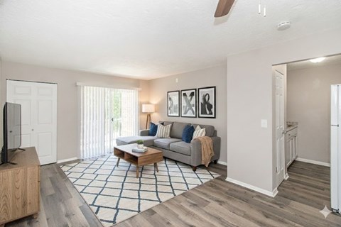 A living room with a grey couch and a coffee table.