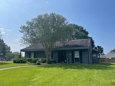 a green house with a tree in front of it