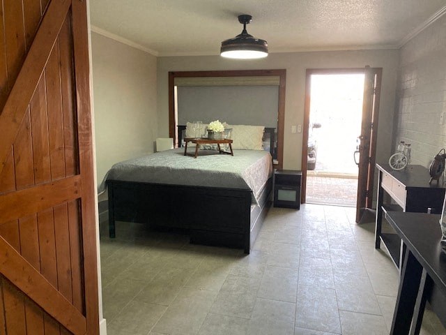 a bedroom with a bed and a door to a bathroom