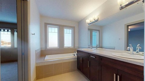 a bathroom with two sinks and a bath tub
