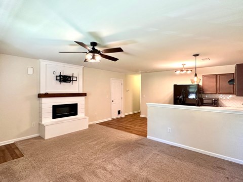 A living room with a fireplace and a television.