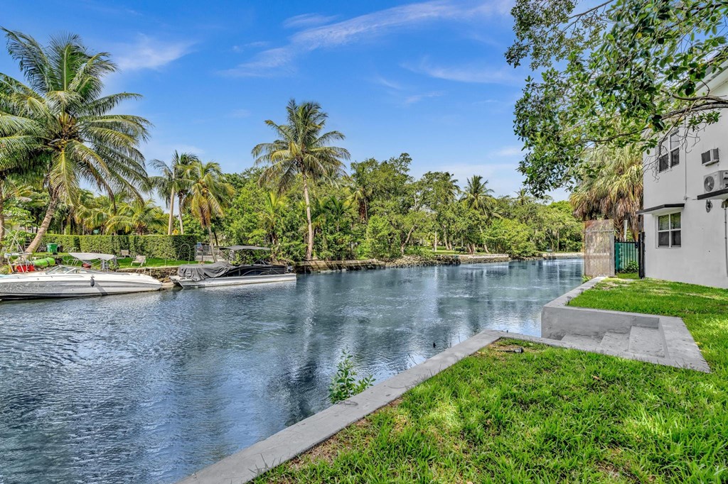 A serene body of water surrounded by lush greenery and palm trees under a clear blue sky.