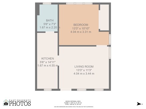 A floor plan for a property with a bath, bedroom, kitchen, and living room.