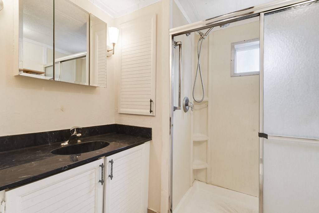 a small bathroom with a sink and a shower