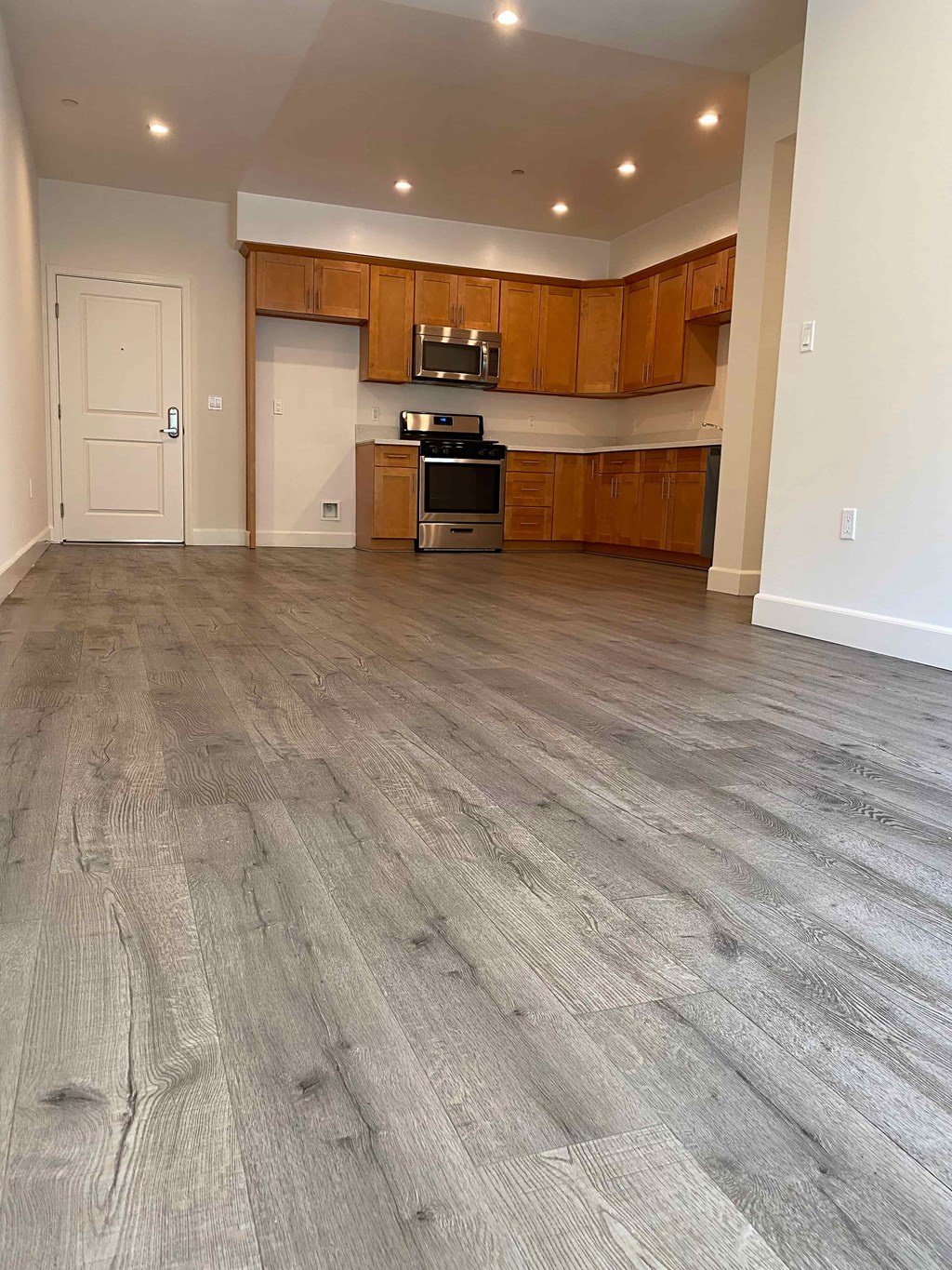 A kitchen with wooden cabinets and a white door.