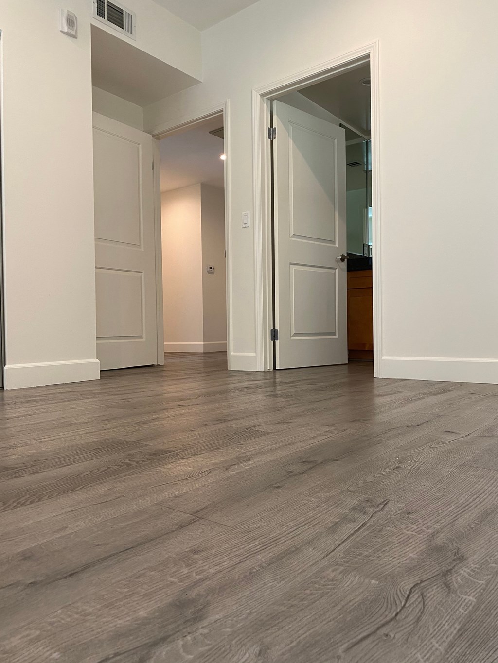 A room with a wooden floor and two white doors.